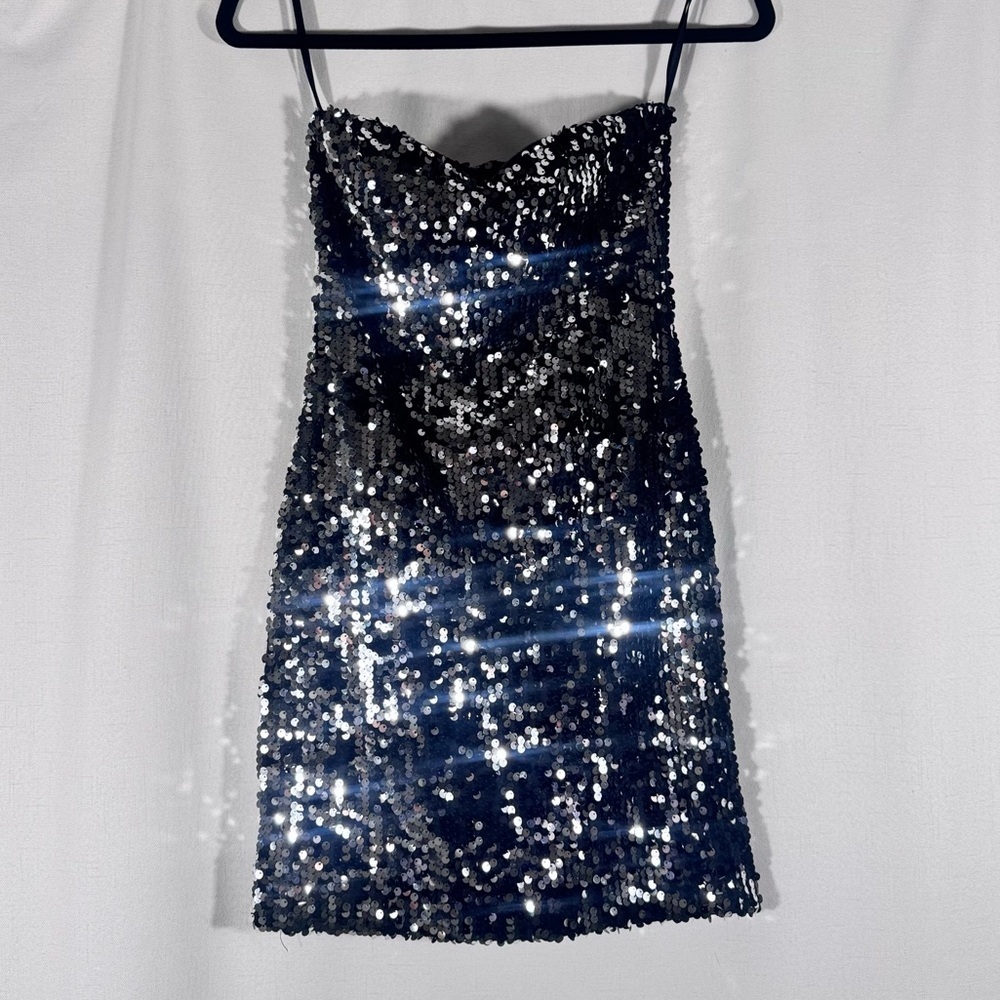 Arden B. Y2K Black Silver Sequin Strapless Mini Dress